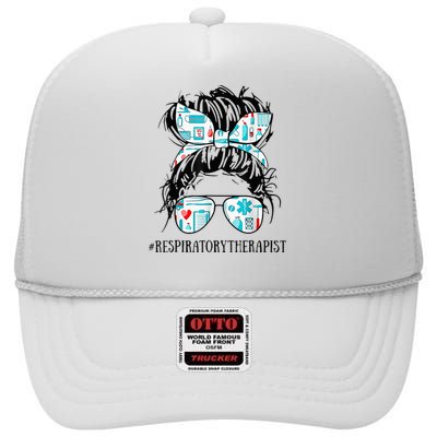 Messy Hair Woman Bun Respiratory Therapist Nurse Life High Crown Mesh Back Trucker Hat