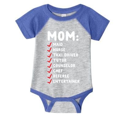 Mom Has Y Jobs Maid Chef Referee Funny Checklist Meme Gift Infant Baby Jersey Bodysuit
