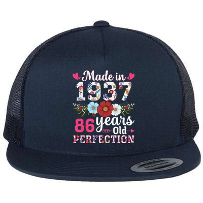 Made In 1937 Floral 86 Years Old 86th Birthday Flat Bill Trucker Hat