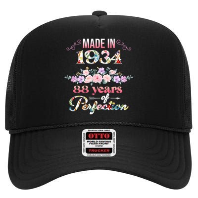 Made In 1934 Floral 88th Birthday Gift High Crown Mesh Back Trucker Hat