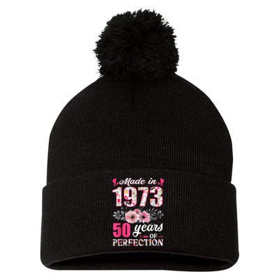 Made In 1973 Floral 50 Year Old 50th Birthday Gifts WoM.e.n.s Pom Pom 12in Knit Beanie