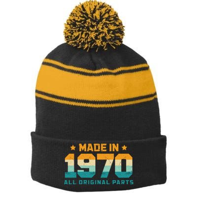 Made In 1970 All Original Parts Birth Year Typography Stripe Pom Pom Beanie