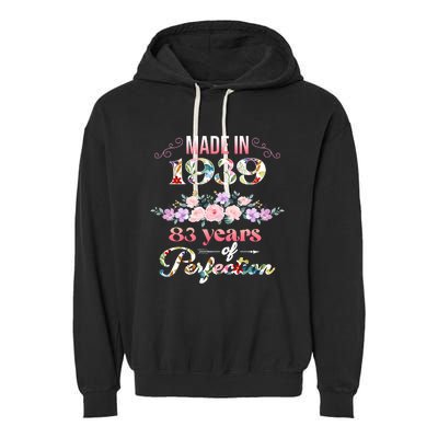 Made In 1939 Floral 83rd Birthday Gift Garment-Dyed Fleece Hoodie