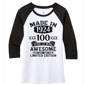 Made In 1924 100 Years Of Being Awesome Limited Edition 100th Birthday Women's Tri-Blend 3/4-Sleeve Raglan Shirt