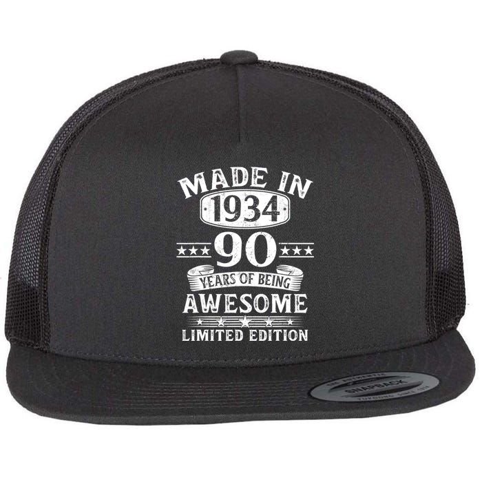 Made In 1934 90 Years Of Being Awesome Limited Edition 90th Birthday Flat Bill Trucker Hat