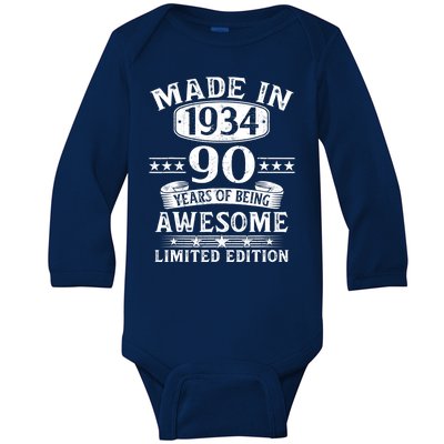 Made In 1934 90 Years Of Being Awesome Limited Edition 90th Birthday Baby Long Sleeve Bodysuit