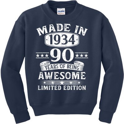 Made In 1934 90 Years Of Being Awesome Limited Edition 90th Birthday Kids Sweatshirt