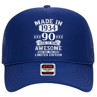 Made In 1934 90 Years Of Being Awesome Limited Edition 90th Birthday High Crown Mesh Back Trucker Hat