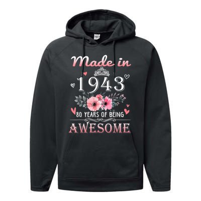 Made In 1943 Floral 80 Year Old 80th Birthday Gifts Wom.e.n Performance Fleece Hoodie