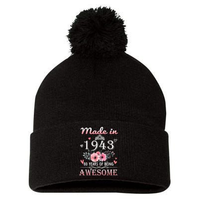 Made In 1943 Floral 80 Year Old 80th Birthday Gifts Wom.e.n Pom Pom 12in Knit Beanie