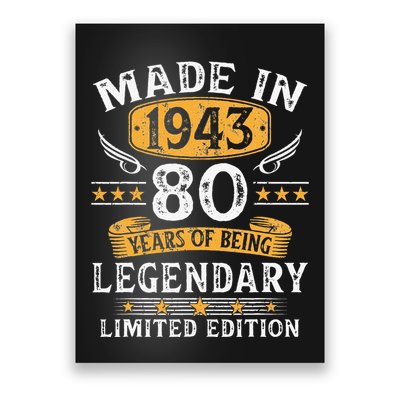 Made In 1943 Limited Edition 80 Year Old 80th Birthday Gifts Poster