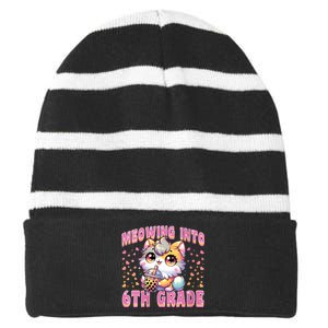 Meowing Into 6th Grade Girl Back To School Gift Striped Beanie with Solid Band