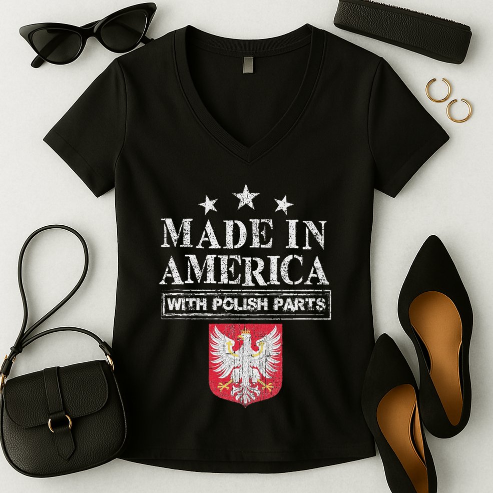 Made In America With Polish Parts Pride Poland Immigra Women's V-Neck T-Shirt