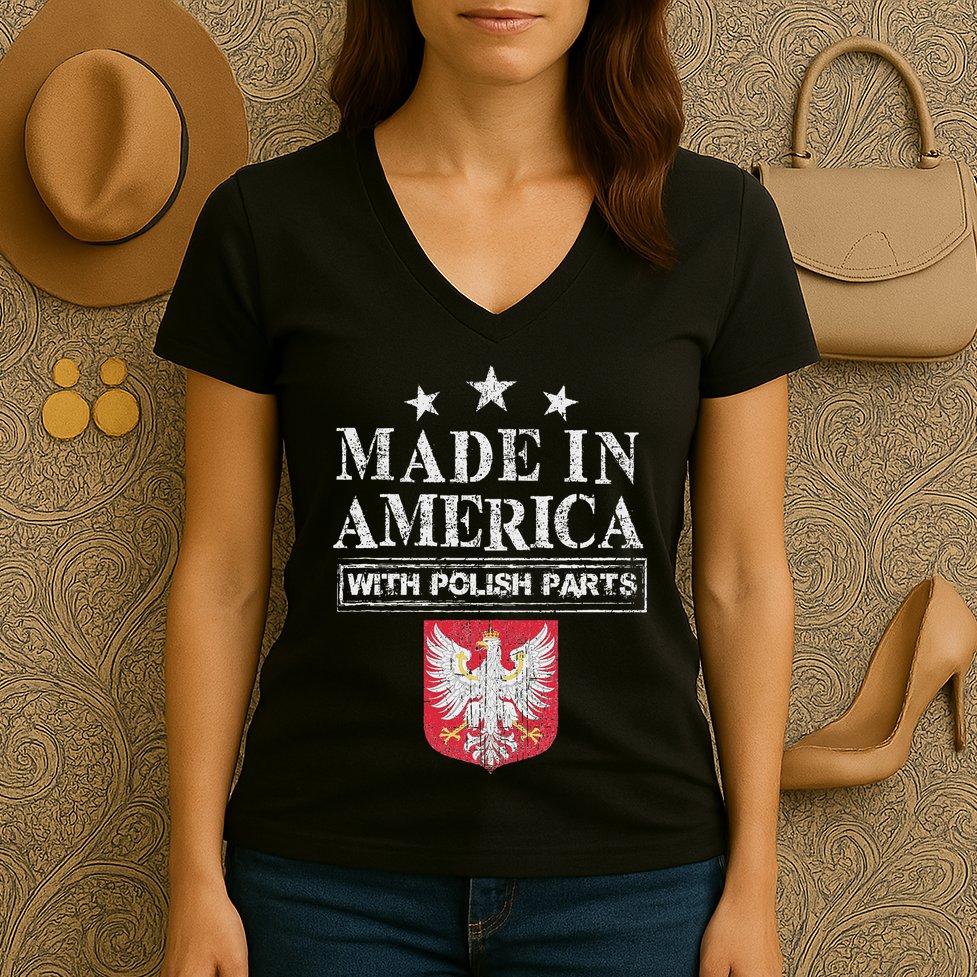 Made In America With Polish Parts Pride Poland Immigra Women's V-Neck T-Shirt
