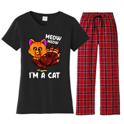 Meow IM A Cat Turkey Thanksgiving Women's Flannel Pajama Set