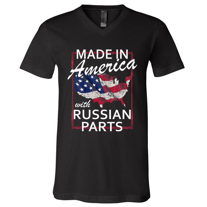 Made In America With Russian Parts Half American Russia V-Neck T-Shirt