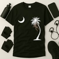 Monkey In A Palm Tree Looking At A Crescent Moon Sc Flag T-Shirt