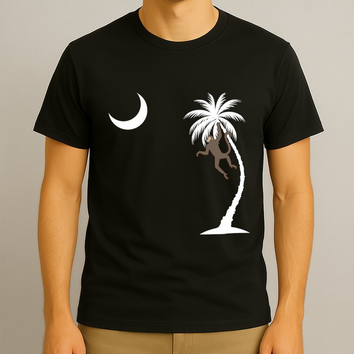 Monkey In A Palm Tree Looking At A Crescent Moon Sc Flag T-Shirt