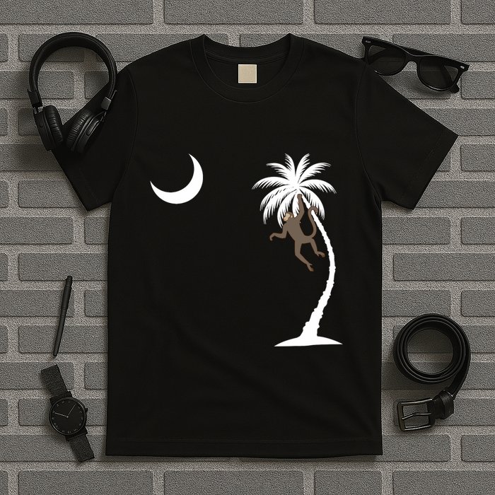 Monkey In A Palm Tree Looking At A Crescent Moon Sc Flag T-Shirt