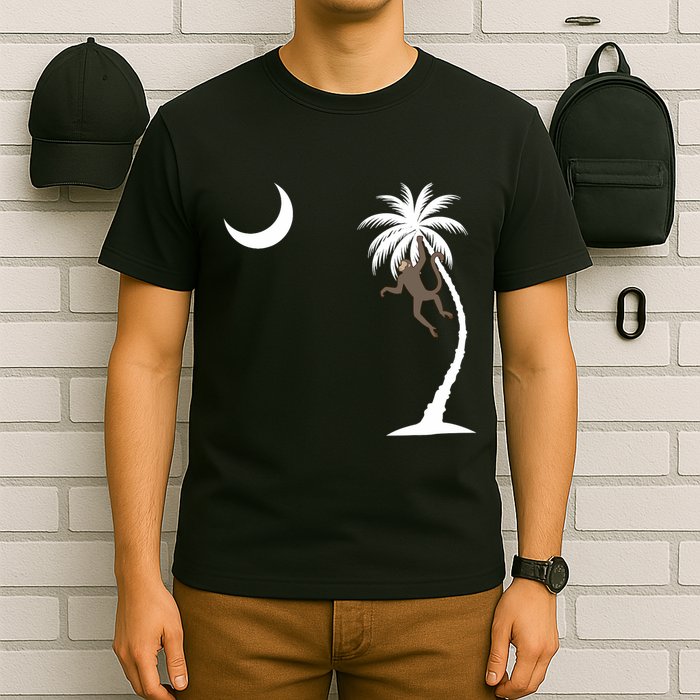 Monkey In A Palm Tree Looking At A Crescent Moon Sc Flag T-Shirt