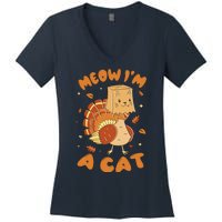 Meow I'm A Cat Funny Turkey Thanksgiving Women's V-Neck T-Shirt