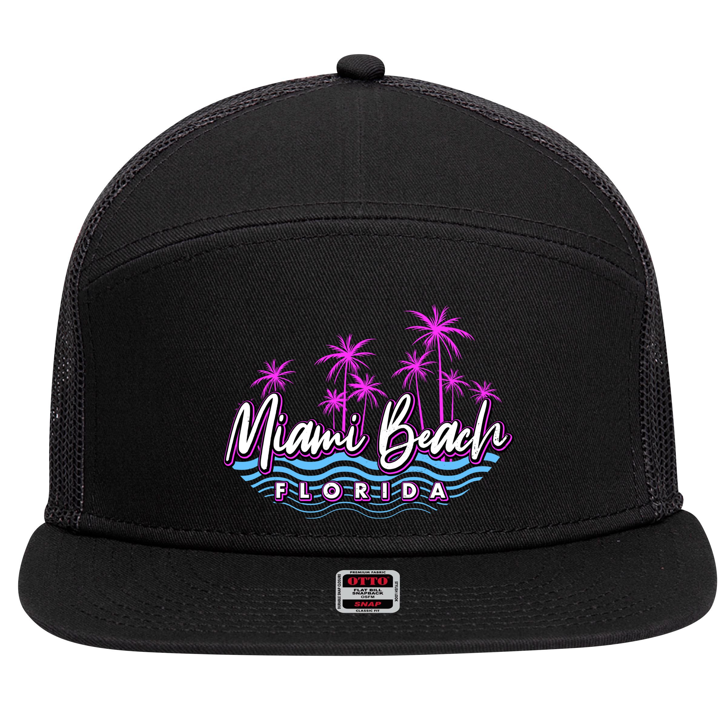 Miami Beach Florida Neon 7 Panel Mesh Trucker Snapback Hat