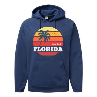 Miami Beach Florida Retro Circle Performance Fleece Hoodie