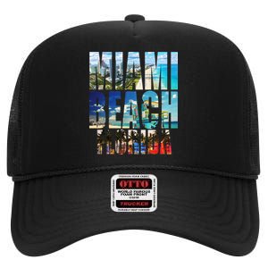 Miami Beach Florida Retro City Logo High Crown Mesh Back Trucker Hat