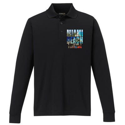 Miami Beach Florida Retro City Logo Performance Long Sleeve Polo