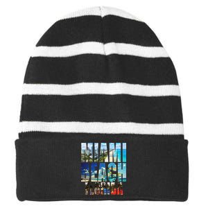 Miami Beach Florida Retro City Logo Striped Beanie with Solid Band