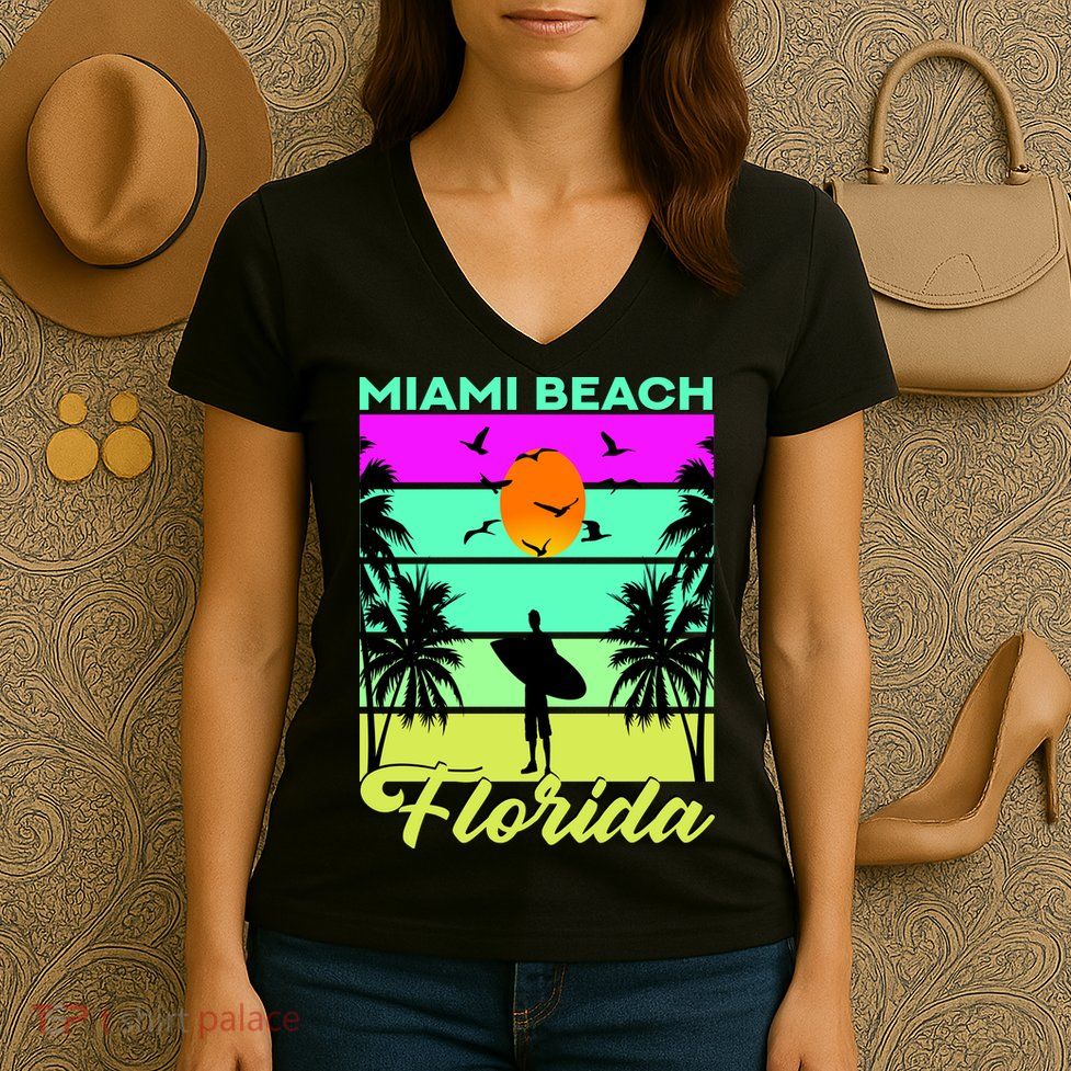 Miami Beach Florida Surfing Women's V-Neck T-Shirt