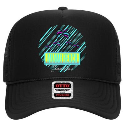 Miami Beach Palm Trees Retro High Crown Mesh Back Trucker Hat