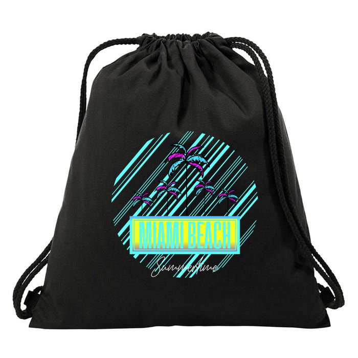 Miami Beach Palm Trees Retro Drawstring Bag
