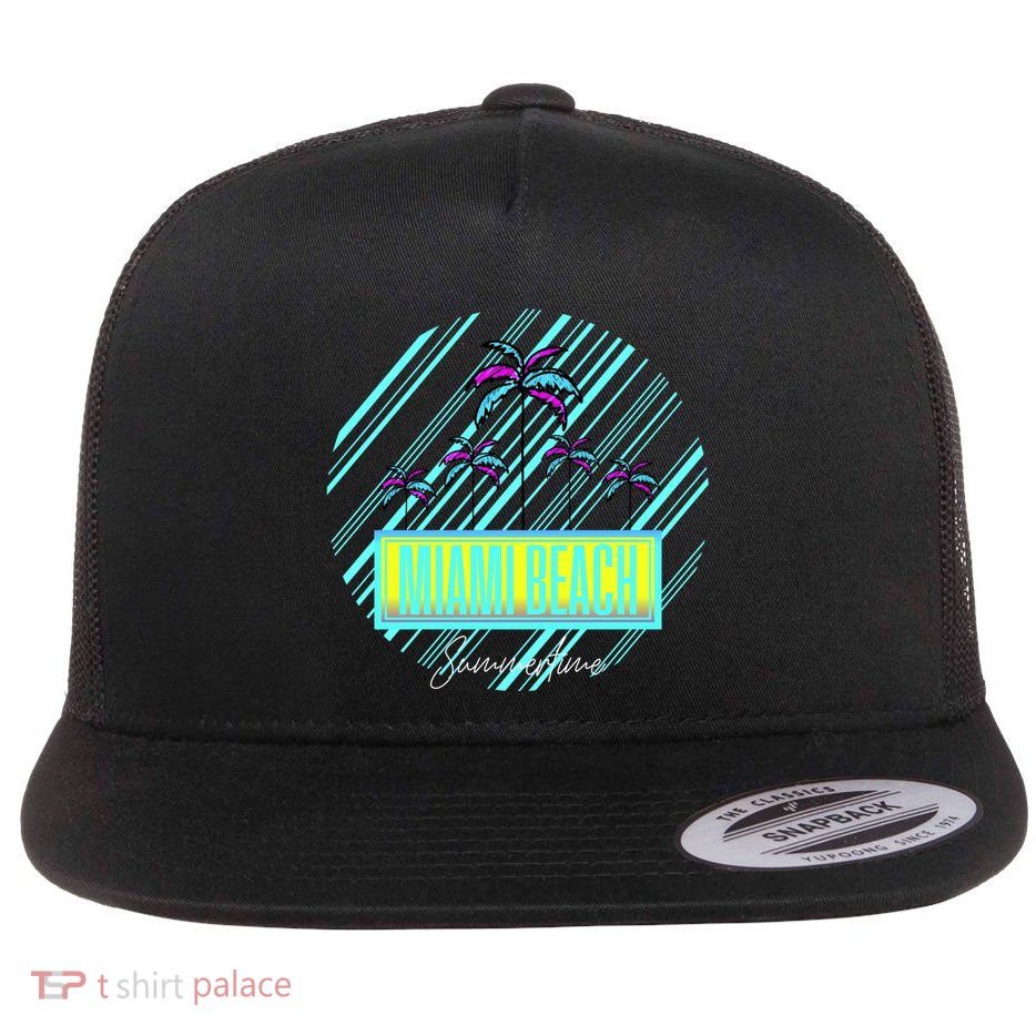 Miami Beach Palm Trees Retro Flat Bill Trucker Hat