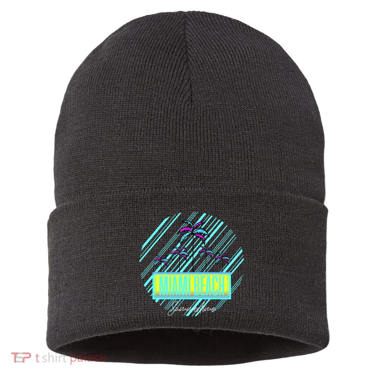 Miami Beach Palm Trees Retro Sustainable Knit Beanie