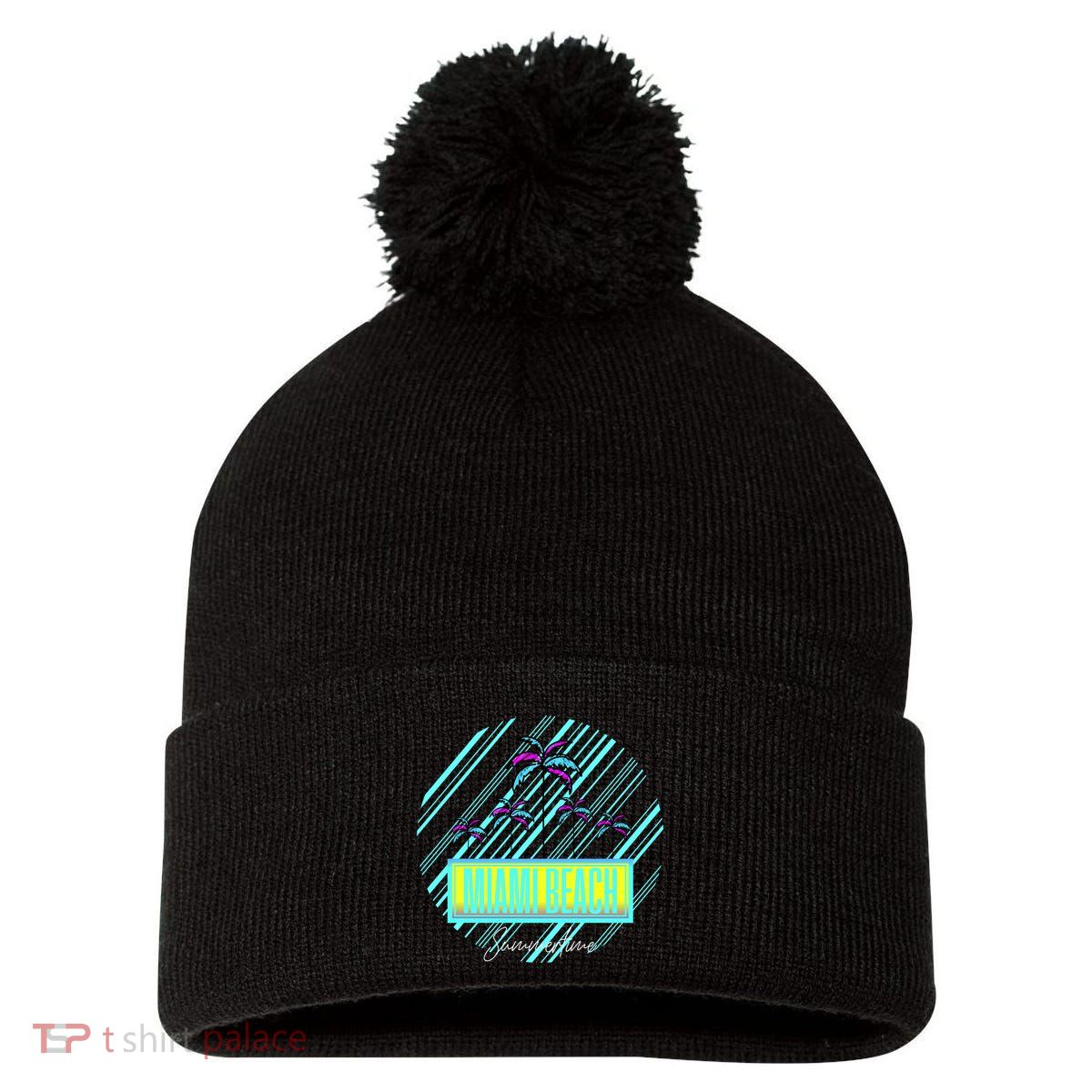 Miami Beach Palm Trees Retro Pom Pom 12in Knit Beanie