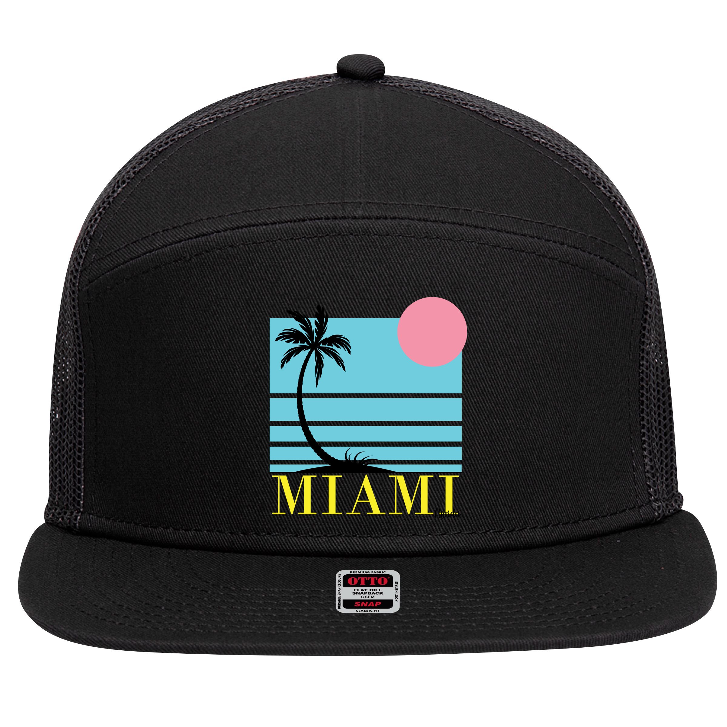 Miami Beach Sunset 7 Panel Mesh Trucker Snapback Hat