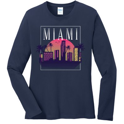 Miami Florida Retro Skyline Ladies Long Sleeve Shirt