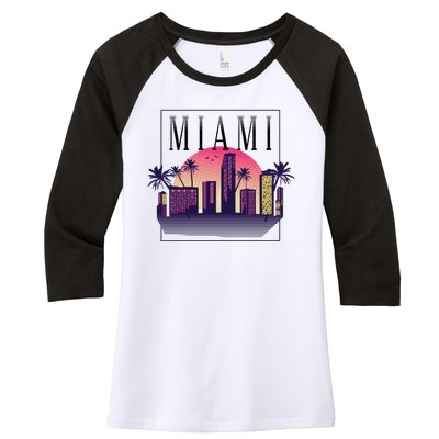 Miami Florida Retro Skyline Women's Tri-Blend 3/4-Sleeve Raglan Shirt