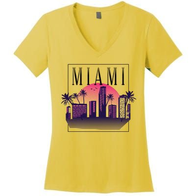 Miami Florida Retro Skyline Women's V-Neck T-Shirt