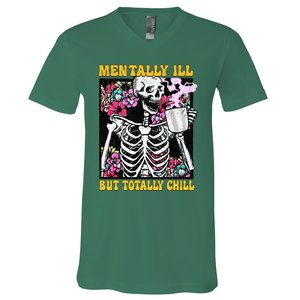 Mentally Ill But Totally Chill Coffee Skeleton Halloween V-Neck T-Shirt