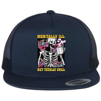 Mentally Ill But Totally Chill Coffee Skeleton Halloween Flat Bill Trucker Hat