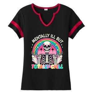 Mentally Ill But Totally Chill Pastel Skeleton Halloween Ladies Halftime Notch Neck Tee