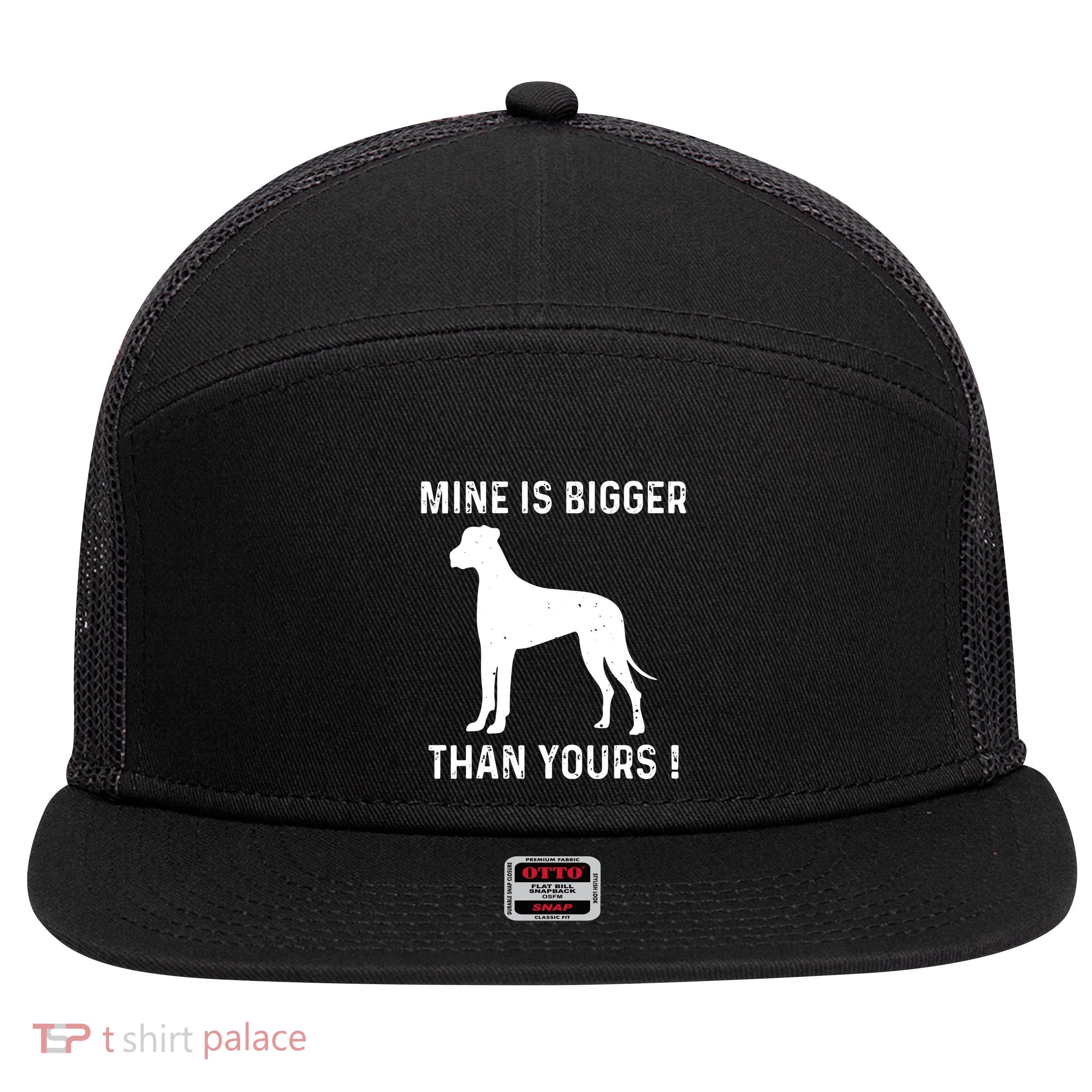 Mine Is Bigger Than Yours Fun Great Dane Dog German Mastiff 7 Panel Mesh Trucker Snapback Hat