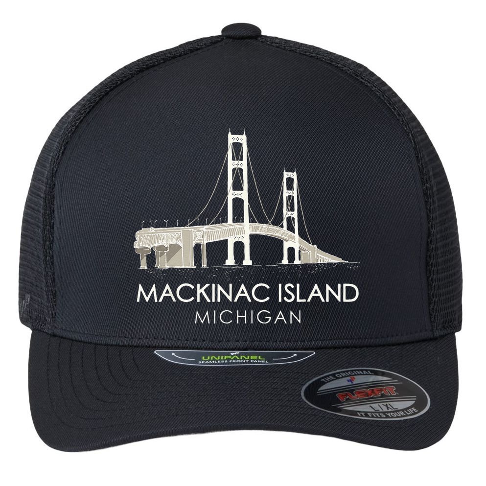 Mackinac Island Bridge Michigan Great Lakes Huron Ferry Trip Flexfit Unipanel Trucker Cap