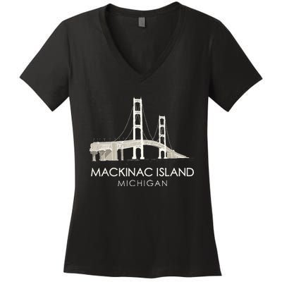 Mackinac Island Bridge Michigan Great Lakes Huron Ferry Trip Women's V-Neck T-Shirt