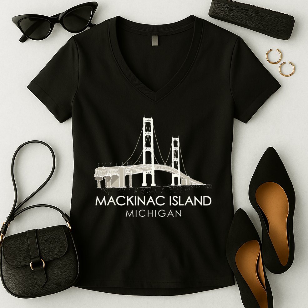 Mackinac Island Bridge Michigan Great Lakes Huron Ferry Trip Women's V-Neck T-Shirt