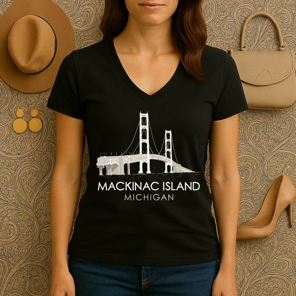 Mackinac Island Bridge Michigan Great Lakes Huron Ferry Trip Women's V-Neck T-Shirt