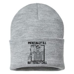 Mentally Ill But Totally Chill Halloween Skeleton Coffee Sustainable Knit Beanie