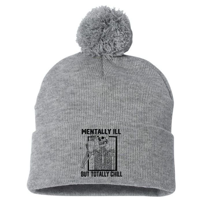 Mentally Ill But Totally Chill Halloween Skeleton Coffee Pom Pom 12in Knit Beanie